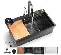 SereneLife Évier de cuisine en acier inoxydable | Évier de cuisine durable avec égouttoir de vidange, panier, plateau de lavabo, planche à découper et rondelle de tasse | Élégant et élégant | 74,9 x