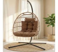 SereneLife Fauteuil Oeuf Suspendu avec Support - Rotin Tressé Pliable, Coussin Imperméable, Appui-Tête Confort pour Patio, Chambre, Véranda, Jardin