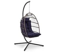 SereneLife Fauteuil Oeuf Suspendu avec Support - Rotin Tressé Pliable, Coussin Imperméable, Appui-Tête Confort pour Patio, Chambre, Véranda, Jardin