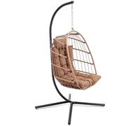 SereneLife Fauteuil Oeuf Suspendu avec Support - Rotin Tressé Pliable, Coussin Imperméable, Appui-Tête Confort pour Patio, Chambre, Véranda, Jardin, Marron
