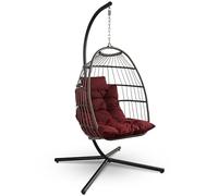 SereneLife Fauteuil Oeuf Suspendu avec Support - Rotin Tressé Pliable, Coussin Imperméable, Appui-Tête Confort pour Patio, Chambre, Véranda, Jardin