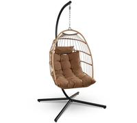 SereneLife Fauteuil Suspendu Pliable en Rotin Tressé avec suport - Fauteuil Oeuf Suspendu - Coussin de Siège Imperméable et Appui-tête pour Patio, Chambre, Véranda et Jardin (Marron) - Taille Unique