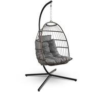 SereneLife Fauteuil Suspendu Pliable en Rotin Tressé avec Support - Fauteuil Oeuf Suspendu - Coussin de Siège Imperméable et Appui-Tête pour Patio, Chambre, Véranda et Jardin, Taille Unique