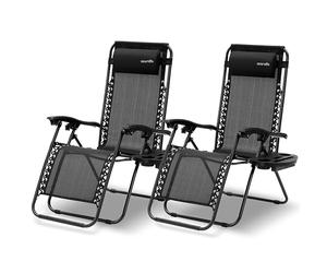 SereneLife Lot Set de 2 Chaises Pliantes - Chaise Longue Réglable pour Extérieur avec Table Latérale, Porte-Gobelets, Oreillers Amovibles - Patio, Jardin, Plage - Noir délavé