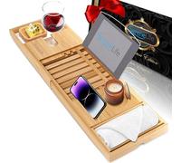 SereneLife Plateau Baignoire en Bambou avec Coffret Cadeau de Luxe et Ruban Rouge - Plateau Salle de Bain Extensible et Ajustable avec Support pour Livre - Planche de Bain