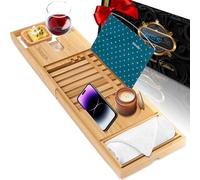 SereneLife Plateau Baignoire en Bambou avec Coffret Cadeau de Luxe et Ruban Rouge - Plateau Salle de Bain Extensible et Ajustable avec Support pour Livre - Planche de Bain