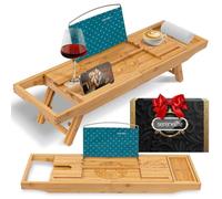 SereneLife Plateau de Bain en Bambou - Extensible et antidérapant - Support pour Verre à vin - Support pour Tablette et Livre - Design Pliable avec Dossier pour Spa, Relaxation et décoration