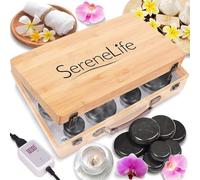 SereneLife Set Chauffe-Pierres Massage - Massager Chauffant Spa Portable avec Pierres Basalte & Kit Chauffage - Kit Massager avec 12 Pierres Noires Grandes/Petites et Boîtier Bambou