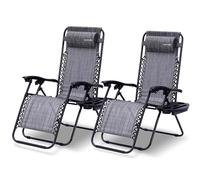 SereneLife Set de 2 Chaises Pliantes - Chaise Longue Réglable pour Extérieur avec Table Latérale, Porte-Gobelets, Oreillers Amovibles - Patio, Jardin, Plage - Couleur Charbon