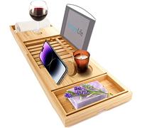 SereneLife SLBCAD20 Plateau de Baignoire de Luxe en Bambou - Organiseur de Baignoire réglable en Bois Naturel avec Porte-vin, Emplacement de Tasse, Porte-Savon, Espace Livre et Emplacement pour