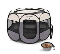 SereneLife Tente pliable portable de taille moyenne pour animal domestique - Parc d'exercice en maille avec bol pliable pour nourriture/eau - Niche pour aire de jeux pour chiot, chaton, lapin, lapin (gris)