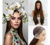 SERENEWIG Perruque synthétique marron naturel de 61 cm avec dentelle frontale sans colle 30,5 x 8,9 cm Perruque naturelle Cheveux longs raides pour femme Cosplay Fête Mariage quotidien Utilisation