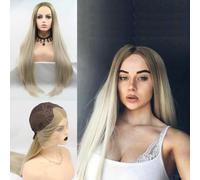 SereneWig Perruques longues et droites de 61 cm pour femme - Cheveux synthétiques ombrés blonds - Pour cosplay quotidien - Ombre blond doré avec racines marron - En fibre résistante à la chaleur