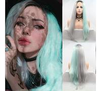 SereneWig Perruques synthétiques douces ombrées de 61 cm de long avec dentelle frontale pour femme, cosplay, usage quotidien, racines foncées, vert pastel, gris, résistantes à la chaleur, perruques