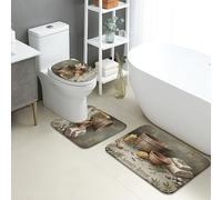 Serenity Retreat - Lot de 3 tapis de salle de bain en flanelle, éléments en bois rustique, absorbants, antidérapants, lavables en forme de U, décoration naturelle, séchage rapide