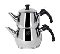 Serenk Théière Turque en Acier Inoxydable, Bouilloire à Ébullition Rapide, 2 Couvercles, Théière Turque avec Infuseur, Base de Capsule Thermo, Bouilloires de 1 L et 2 L (Noir traditionnelle)