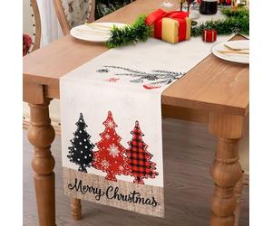 Serento Chemin de Table de Noël Blanc, Chemin de Table en Lin avec Motif d'Arbres, de Flocons de Neige Et de Cloches pour La Saison de Noël, Saison des Fêtes, 40 x 140 cm Nappe Rectangulaire