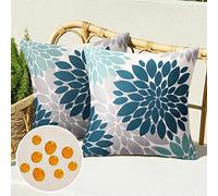 Serento Housse Coussin 40x40 Bleu Taie d'oreiller Canapé Imperméable Lin Fleur de Dahlia Motif Moderne Décoratif pour Patio Chambre Jardin Salon Maison Décor, Lot de 2