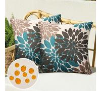 Serento Housse Coussin Canapé 40x40 Brun et Turquoise Taie d'oreiller Lin Imperméable Fleur de Dahlia Motif Moderne Décoratif pour Patio Chambre Jardin Salon Maison Décor, Lot de 2
