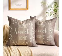 Serento Housse de Coussin 45x45 cm Beige à Rayures Blanc Couronne Maison Douce Maison Ferme Rustique Beige Kaki Marron Housse de Coussin 45x45 Imitation Lin Lot de 2 pour Canapé Chaise Balcon
