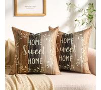 Serento Housse de Coussin 45x45 cm Marron à Rayures Blanc Couronne Maison Douce Maison Ferme Rustique Marron Kaki Housse de Coussin 45x45 Imitation Lin Lot de 2 pour Canapé Chaise Balcon