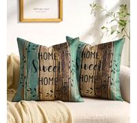 Serento Housse de Coussin 50x50 cm Vert Imitation Lin Style Ferme Rustique Vert Kaki Marron Lot de 2 Housses de Coussin 50x50 à Rayures Home Sweet Home Couronne Noir avec Fermeture Éclair Invisible