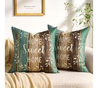 Serento Housse de Coussin 50x50 cm Vert Lot de 2 Housse de Coussin 50x50 Imitation Lin Style Ferme Rustique Vert Kaki Marron à Rayures Home Sweet Home Couronne Blanche pour Canapé Fauteuil Balcon