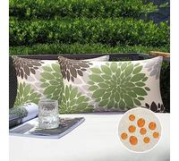 Serento Housses de Coussin 30 x 50 d'extérieur Imperméable Lin Taie d'oreiller Fleur de Dahlia Vert et Brun Motif Canapé Moderne Décoratif pour Patio Chambre Jardin Salon Maison Décor, Lot de 2