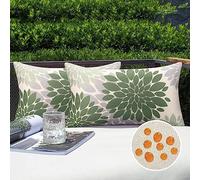 Serento Housses de Coussin 30 x 50 d'extérieur Imperméable Lin Taie d'oreiller Fleur de Dahlia Vert Motif Canapé Moderne Décoratif pour Patio Chambre Jardin Salon Maison Décor, Lot de 2