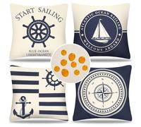 Serento Housses de Coussin 40 x 40 cm Imperméable Lin Housse de Coussin Nautique Maritime Extérieure Eté Océan Taie d'oreiller pour Canapé Maison Salon Chambre Décoration (Bleu Marine, Lot de 4)