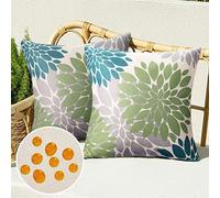 Serento Housses de Coussin 40 x 40 d'extérieur Imperméable Lin Taie d'oreiller Fleur de Dahlia Vert et Bleu Motif Canapé Moderne Décoratif pour Patio Chambre Jardin Salon Maison Décor, Lot de 2