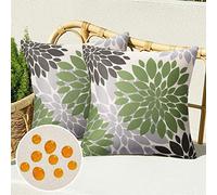 Serento Housses de Coussin 40 x 40 d'extérieur Imperméable Lin Taie d'oreiller Fleur de Dahlia Vert et Brun Motif Canapé Moderne Décoratif pour Patio Chambre Jardin Salon Maison Décor, Lot de 2
