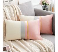 Serento Housses de Coussin Patchwork Rose avec Cuir Rayé Or 30x 50cm Rectangle Velours Taies d'oreiller pour Canapé Chambre Salon Décor de Ferme，Lot de 2