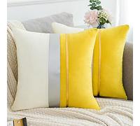 Serento Jaune et Blanc Housse de Coussin 40x40 cm Lot de 2 Argent Patchwork Taie d'oreiller en Velours pour Canapé Maison Salon Chambre Décoration D'intérieur,16x16