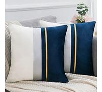 Serento Lot de 2 Bleu Marine Taie d'oreiller 50 x 50 cm Or Cuir Rayé Housse De Coussin en Velours Patchwork Housses Coussins de Voiture Canapé Maison Décor Protecteurs 20"x20"