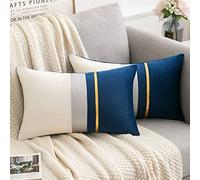 Serento Lot de 2 Housse de Coussin 30x50 Bleu Marine en Velours Patchwork Gold Striped Taie Coussin Canapé Decoration Salon Moderne Taies d'oreiller pour Maison Salon Chambre à Coucher Jardin