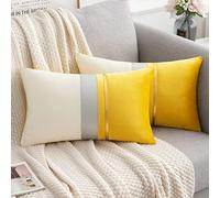 Serento Lot de 2 Housse de Coussin en Velours Doux 30 x 50cm Jaune Patchwork Taie d’Oreiller Taie Coussin Canape Decoration Salon Moderne avecBande de Cuir Golden,12x20