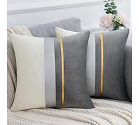 Serento Lot de 2 Housse de Coussin Gris Velours 50x50 cm Taie d'oreiller Carré Doux et Moderne Housse Coussin Patchwork à Rayures en Cuir doré pour Canapé-lit Canapé Chaise Chambre Salon