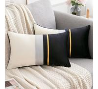Serento Lot de 2 Housse de Coussin Noir Blanc Patchwork Velours 30x50 cm Bande de Cuir Golden Décoratif Taie d'oreiller Rectangulaire Doux et Moderne pour Chambre Salon Canapé Lit Chaise Voiture