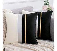 Serento Lot de 2 Housses de Coussin Velours 50 x 50 cm Décoratif Taie d'oreiller Luxe Moderne Patchwork Housse de Coussin en Cuir Rayé Doré pour Salon Canapé Sofa Chambres Maison,Noir
