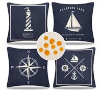 Serento Lot de 4 Housses de Coussin Imperméables Taie d'oreiller Jardin Balcon Décoratif Eté Printemps Bleu Marine Nautique Housses de Coussin Carré Lin 45 x 45 cm pour Patio Salon Canapé Maison