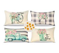 Serento Lot de 4 Taie d'oreiller Extérieure Imperméable en Lin Moderne Housse de Coussin Ferme Printemps Plante Fleur Motif Carrées 30x50cm Housse Coussin pour Canapé Maison Salon Chambre Décoration