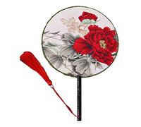 Seres Éventail rond classique, nervure d'éventail en bois et peinture double surface sur tissu de soie, plus de 20 motifs optionnels, diamètre 24,1 cm, motif 9 pivoine rouge)