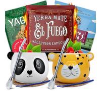 Série d'accessoires de yerba maté avec échantillons pour deux personnes 3x50g - Yaguar, El Fuego, Rio Parana, Calebasse, bombilla et accessoires, Caféine naturelle
