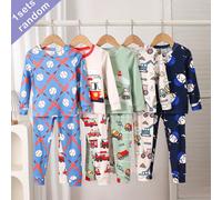 (Série de boîtes aveugles 1 set aléatoire) Ensemble ajusté à manches longues pour garçons 2 pièces, bleu, bleu marine, vert haricot, abricot, kaki, imprimé baseball de dessin animé, véhicule d'ingénie