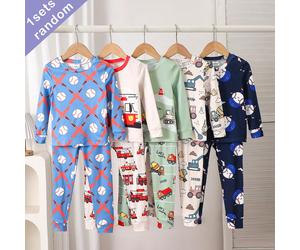 (Série de boîtes aveugles 1 set aléatoire) Ensemble ajusté à manches longues pour garçons 2 pièces, bleu, bleu marine, vert haricot, abricot, kaki, imprimé baseball de dessin animé, véhicule d'ingénie