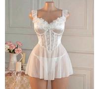 Série de mariée grande taille Robe de lingerie avec soutien-gorge à armatures, en maille transparente, patchwork satin, dentelle contrastée, décor floral, avec string 2 pièces 1XL,2XL,3XL,4XLPlantesTi