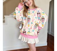 Série de Noël rose vif, série douce et amicale pour les filles, imprimé de soldat casse-noisette avec nœud et cœur. Sweat-shirt-shirt à col ras du cou manches longues, confortable, épais et doux, conv