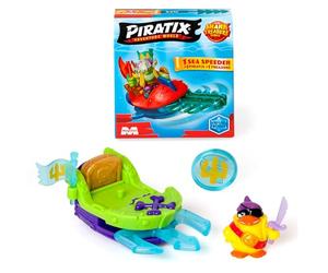 Série PIRATIX L’île aux Requins- Speeder des Mers. Bateau monoplaces Piratix.Contient Speeder des Mers, Piratix,Accessoire Cristal, trésor, Drapeau Exclusif