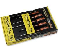 Série Tournevis en acier. Finition chromée mat de la foret, manche bi-matière. N ° 3 à coupe et n ° 3 à croix.